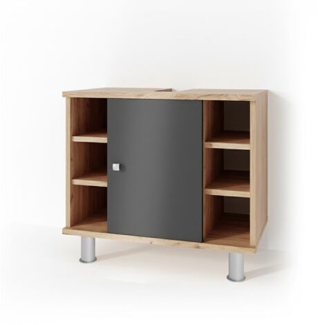 Vicco – Meuble sous vasque simple Fynn – Anthracite et chêne doré – Dimensions 60 x 54 x 32 cm – Panneau de particules 16 mm – 6 étagères ouvertes