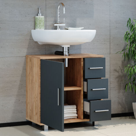 Vicco – Meuble sous vasque simple 60 x 60 cm – Chêne de force doré – Construction robuste avec 3 tiroirs – Compatible collection Ilias