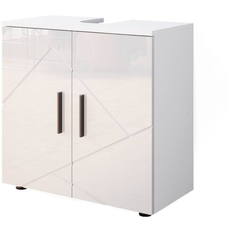 Vicco – Meuble sous vasque simple 60x59 cm – Blanc haute brillance – Panneau de particules 16 mm – Compatible siphon et rangement optimisé