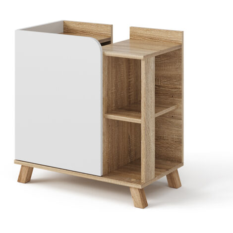 Vicco – Meuble sous vasque simple 60 x 65 cm – Sonoma et blanc – 2 étagères fermées – Découpe pour siphon – Installation facile