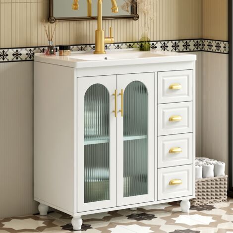 Meuble sous vasque simple, meuble de salle de bain avec vasque en céramique, 3 tiroirs et porte vitrée, meuble sous vasque 80 cm, Blanc