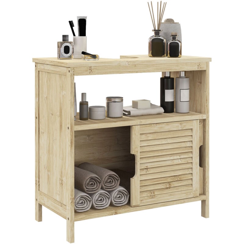 Meuble sous vasque style cosy naturel - 2 portes coulissantes - dim. 60L x 30l x 60H cm - bambou verni