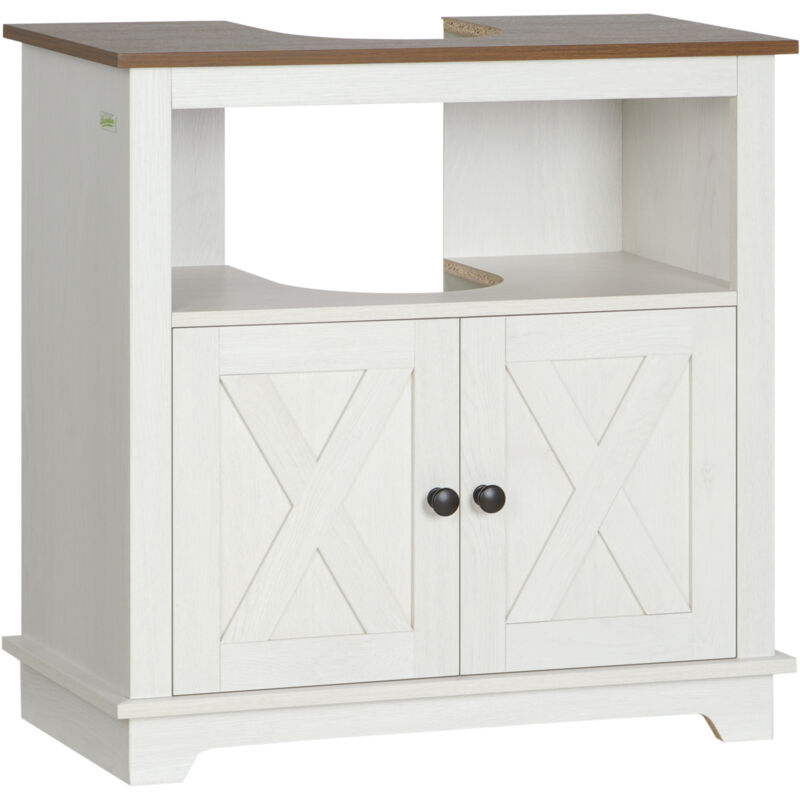 Kleankin - Meuble sous vasque style rural chic - 2 portes, niche - poignées boutons métal noir - aspect bois blanc noyer