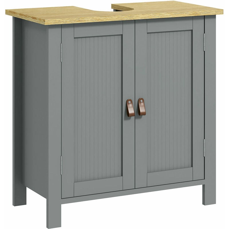 Kleankin - Meuble salle de bain sur pied - meuble sous-vasque - 2 portes, étagère - mdf panneaux aspect bois clair gris