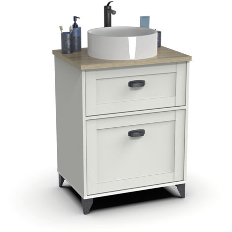 Meuble sous-vasque sur pieds avec 1 tiroir et 1 porte (sans lavabo) coloris Blanc/Chêne cambrian - Longueur 61 x Hauteur 80 x Profondeur 47 cm