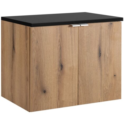 Meuble sous vasque suspendu 2 portes avec le plan noir NOVA OAK 60 CM en chêne