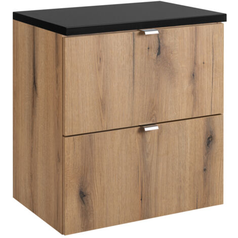 Meuble sous vasque suspendu 2 tiroirs avec le plan noir NOVA OAK 50 CM