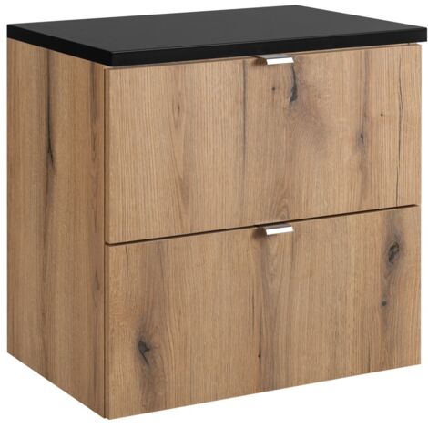 Meuble sous vasque suspendu 2 tiroirs avec le plan noir NOVA OAK 60 CM