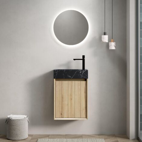 Meuble sous vasque suspendu 40 cm, avec plan à effet marbre noir – Corps en contreplaqué strié avec porte, finition bois, Naturel
