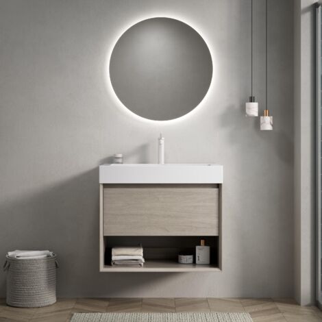 Meuble sous vasque suspendu 70 cm, avec vasque intégrée rectangulaire blanche – avec 1 tiroir et 1 étagère ouverte, finition chêne clair