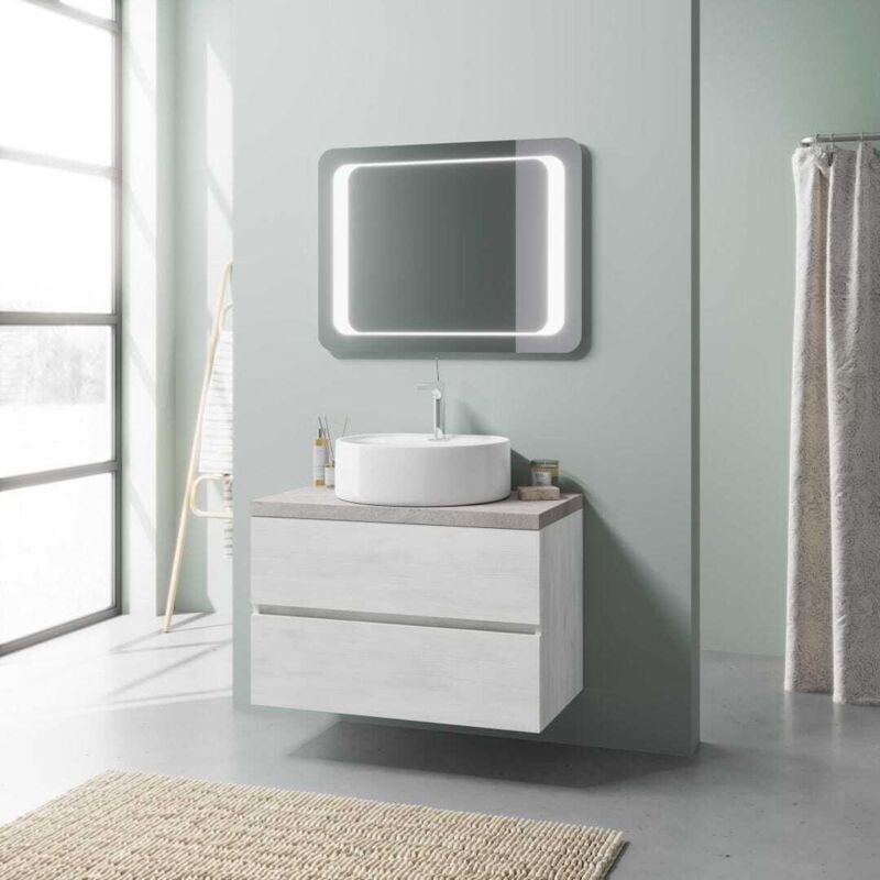 Kiamami Valentina - Meuble Sous-Vasque Suspendu 80 Cm Chêne Blanc Et Miroir 80X60 Led Elba