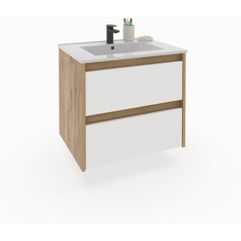 Meuble sous-vasque suspendu à 2 tiroirs (sans lavabo) coloris Blanc/Chêne - Longueur 60 x Hauteur 59,5 x Profondeur 45,5 cm