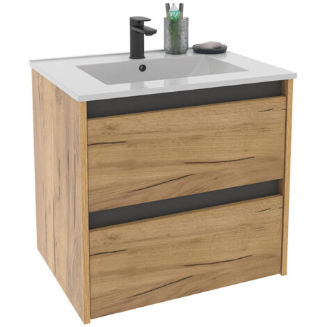 Meuble sous-vasque suspendu à 2 tiroirs (sans lavabo) coloris Chêne - Longueur 60 x Hauteur 59,5 x Profondeur 45,5 cm