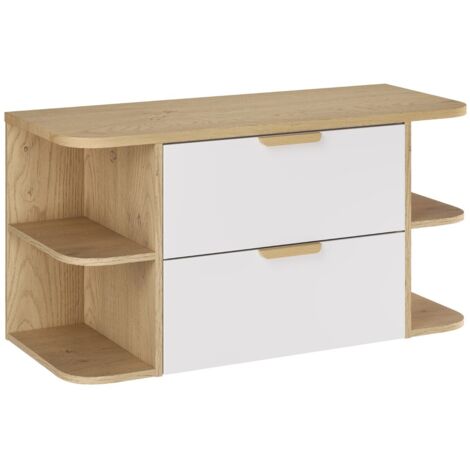 Meuble sous vasque suspendu ASTER blanc 100 cm avec deux extensions d’angle ouvertes et plan en chêne