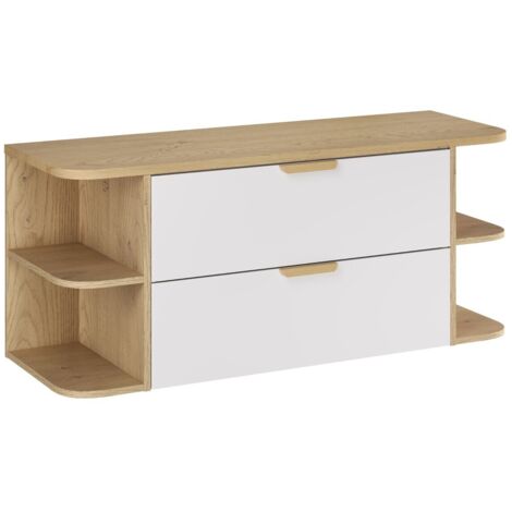 Meuble sous vasque suspendu ASTER blanc 120 cm avec deux extensions d’angle ouvertes et plan en chêne