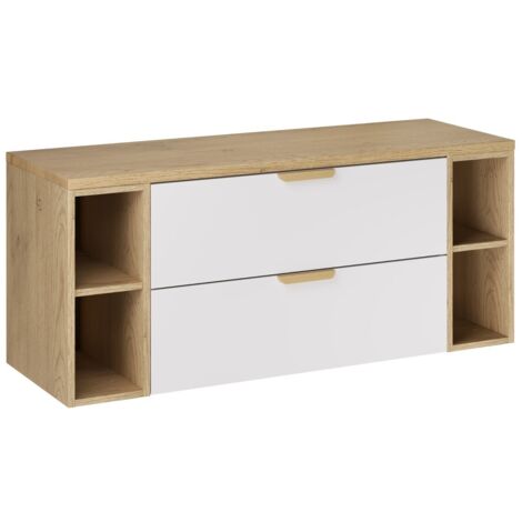 Meuble sous vasque suspendu ASTER blanc 120 cm avec deux extensions  et plan en chêne