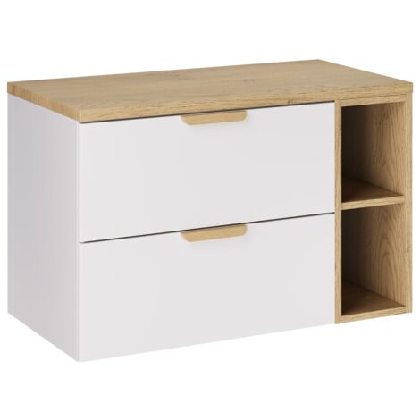 Meuble sous vasque suspendu ASTER blanc 80 cm avec extension ouverte et plan en chêne