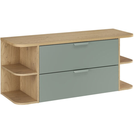 Meuble sous vasque suspendu ASTER vert 120 cm avec deux extensions d’angle ouvertes et plan en chêne