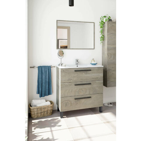 Meuble sous vasque suspendu avec miroir – 3 tiroirs en chêne – Dimensions 80x45x86 cm – Résistant aux chocs et rayures – Arkitmobel