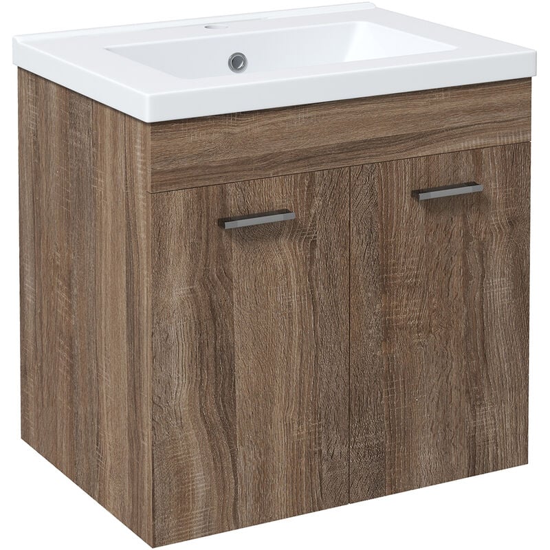 kleankin - meuble sous-vasque suspendu - vasque céramique incluse - 2 portes, étagère - dim. 60l x 45l x 60h cm - aspect bois - marron