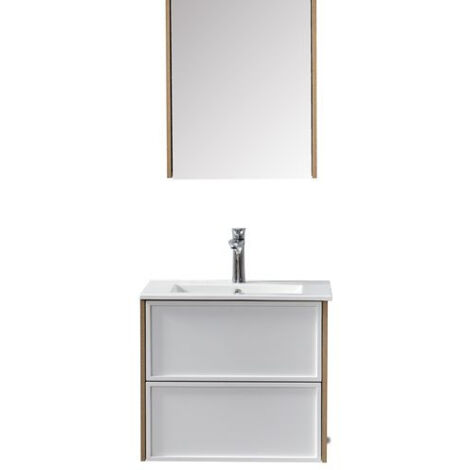 Meuble sous vasque suspendu blanc et bois 60 cm – MDF avec tiroirs amovibles – Miroir 50 cm – Vasque en porcelaine blanche – Wilsa Garden
