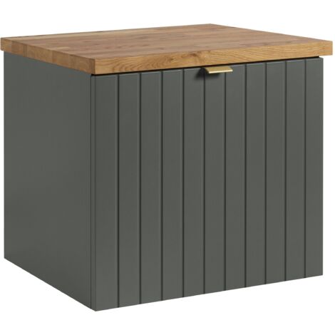 Meuble sous-vasque suspendu HARMO 50 cm avec plan en bois massif Façade rainurée vert semi-mat