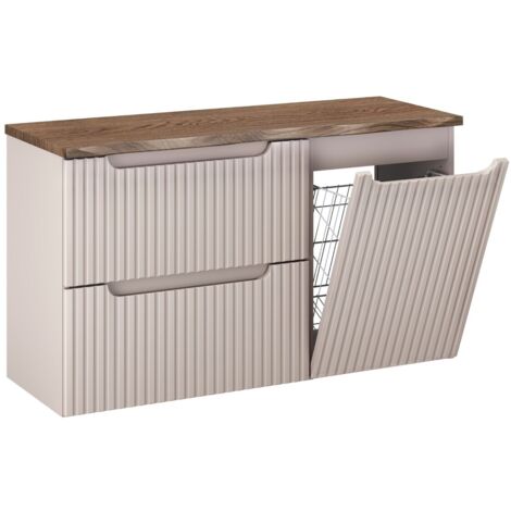 Meuble sous vasque suspendu NOVA cachemire 100 cm avec panier à linge et plan chêne casella