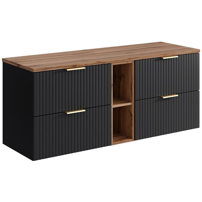 Vente-unique - Meuble sous vasque suspendu strié avec niches - Noir et naturel clair - L140 cm - zevara