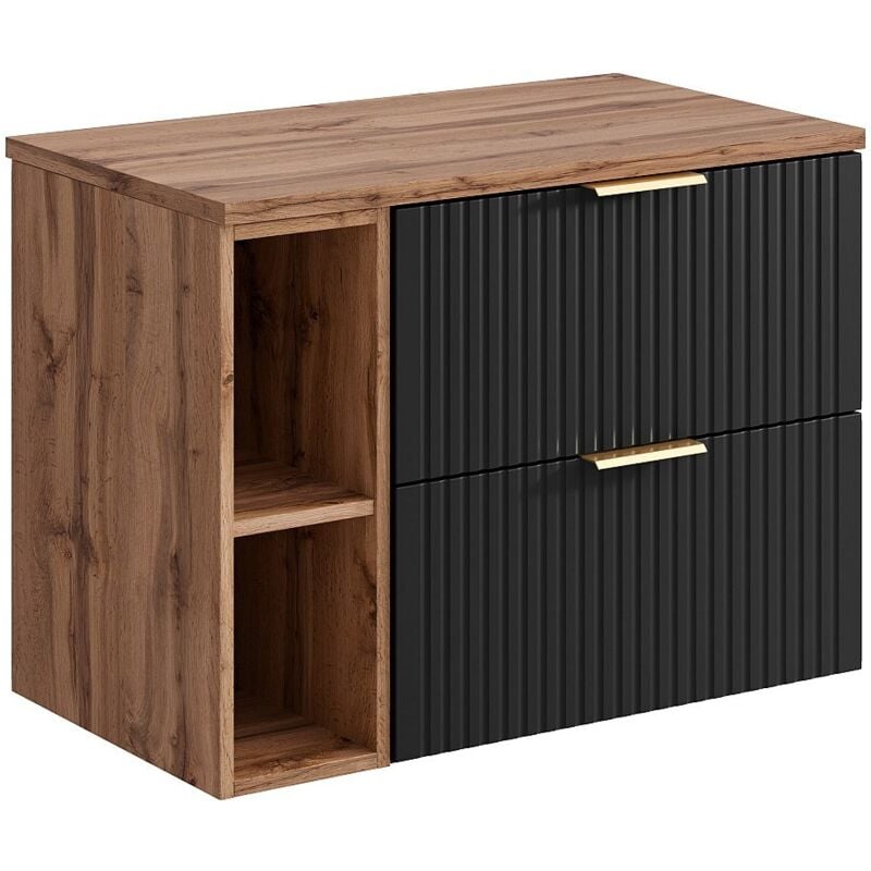 Vente-unique - Meuble sous vasque suspendu strié avec niches - Noir et naturel clair - L80 cm - zevara