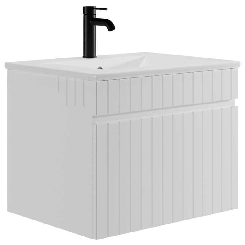 Vente-unique - Meuble de salle de bain suspendu strié blanc avec vasque à encastrer - 60 cm - satara