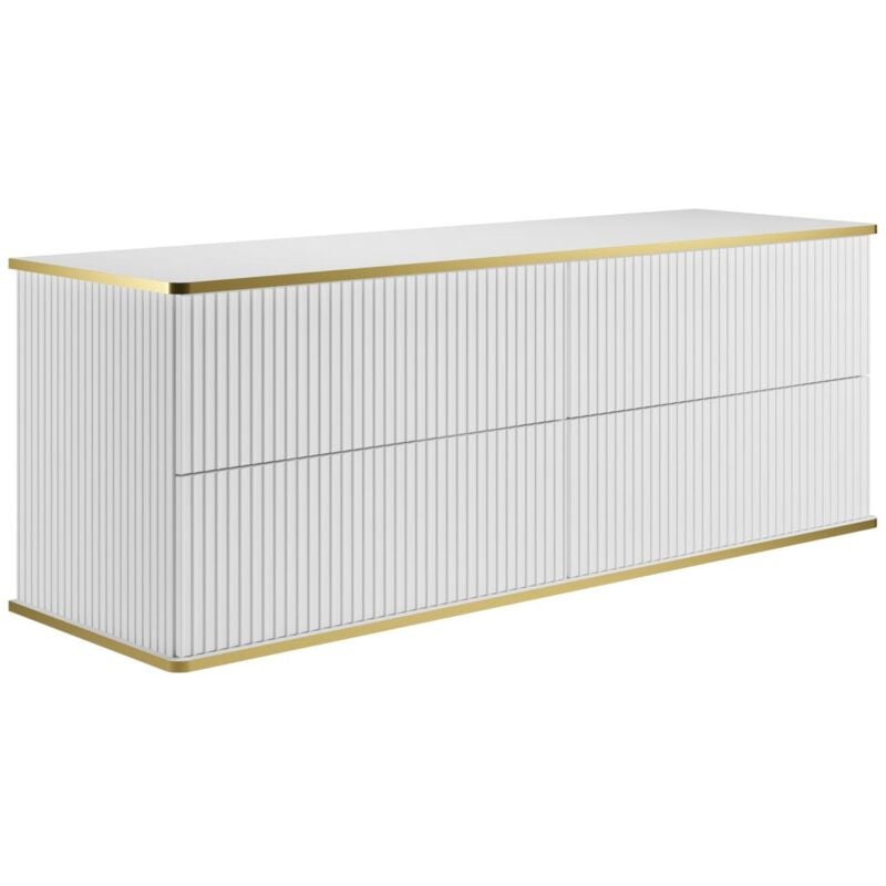 Vente-unique - Meuble sous vasque suspendu strié liseré doré - Blanc - 150 cm - keliza