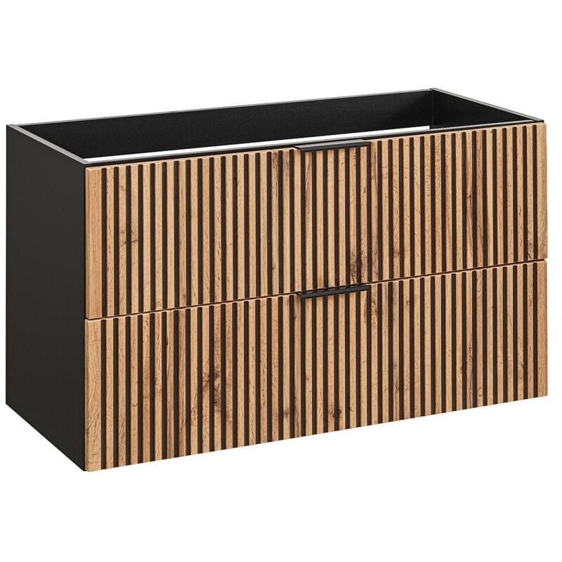 Vente-unique - Meuble sous vasque suspendu strié - Naturel clair et noir - 100 cm - madela