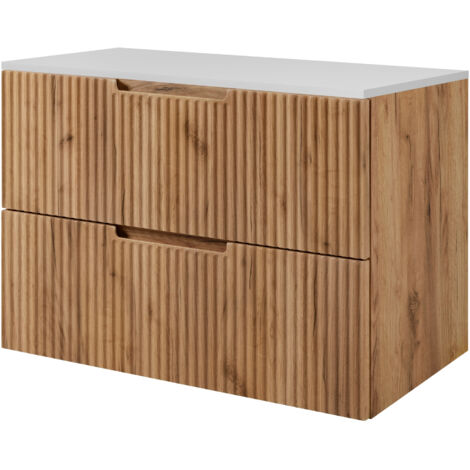 Meuble sous vasque suspendu VENA chêne 80 cm avec plan blanc