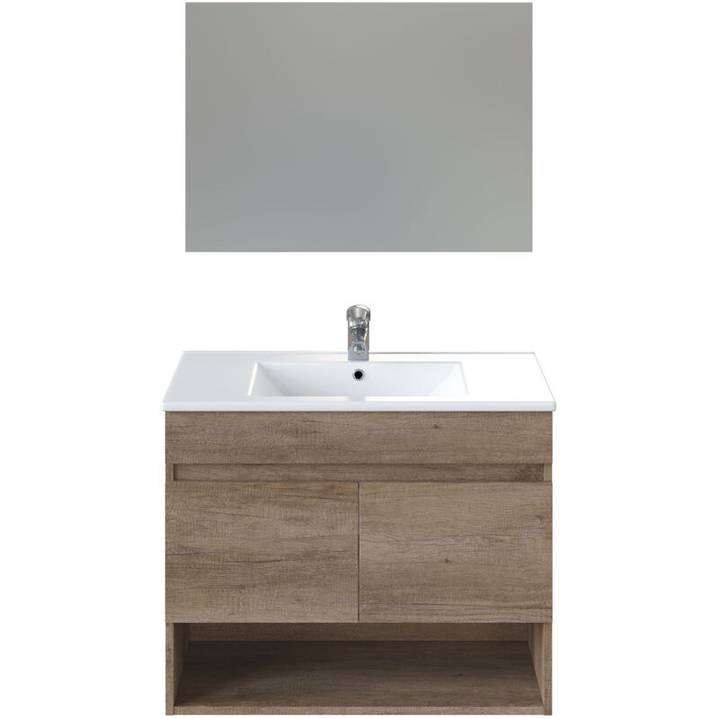 Meuble sous-vasque Suspendue avec 2 portes + miroir coloris nordik - 80 cm (longueur) x 64 cm (Hauteur) x 45 cm (Profondeur)