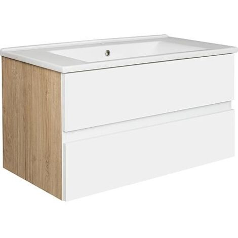 Meuble sous-vasque+ vasque en céramique EGAN blanc mat/chêne cendré 2 tiroirs 853x466x455mm