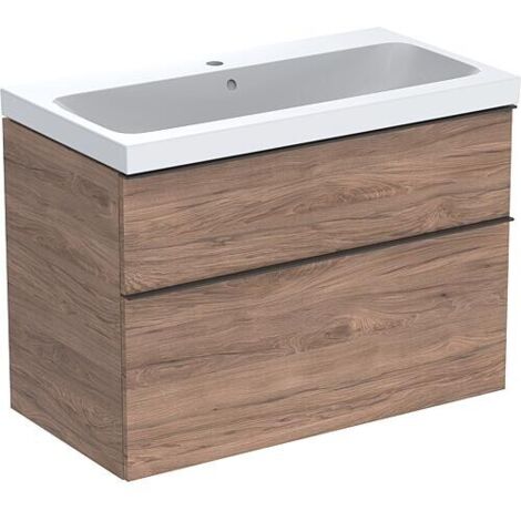 Meuble sous-vasque + vasque en céramique Geberit iCon 900x705x485 mm noyer hickory/poignées en lave