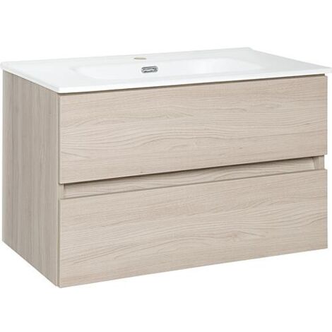 Meuble sous-vasque + vasque en céramique Kora, orme Rousseau, 2 tiroirs, 805x516x470mm