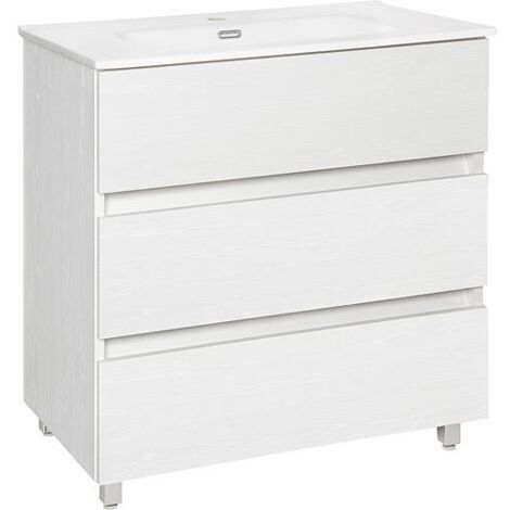 Meuble sous-vasque + vasque en céramique KORA XL, frêne blanc, 3 tiroirs,805x845x470mm