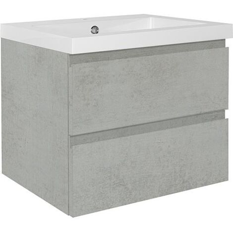 Meuble sous-vasque + vasque en fonte minérale ELAI chêne gris décor pierre 2 tiroirs 610x550x510mm