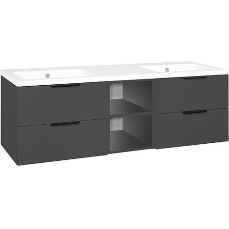 Meuble sous-vasque + vasque en fonte minérale LOSSA 4 tiroirs + 2 Étagères ouvertes anthracite mat Largeur 1550 mm
