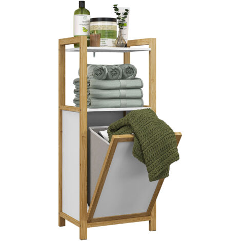 Meuble sur pied en bambou panier à linge salle de bain gain de place - 2 étagères - dim. 40L x 30l x 86,5H cm-Blanc