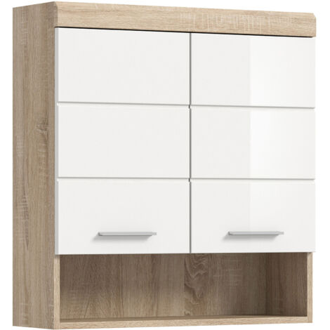 Meuble suspendu 2 portes 74x24x79 cm chêne et blanc - LAMBY