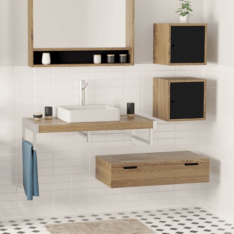 Byca - Meuble suspendu 88 cm, 1 tiroir, chêne naturel massif - iron