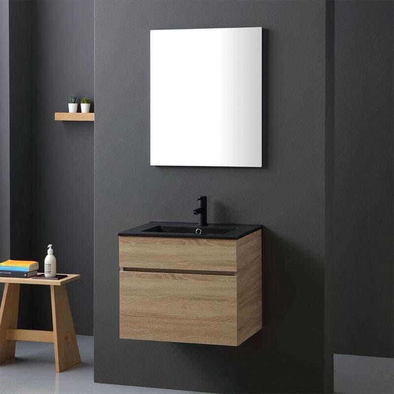 Kiamami Valentina - Meuble Suspendu Chêne Well Pour Salle De Bain 60Cm Avec Lavabo Noir Mat Sole