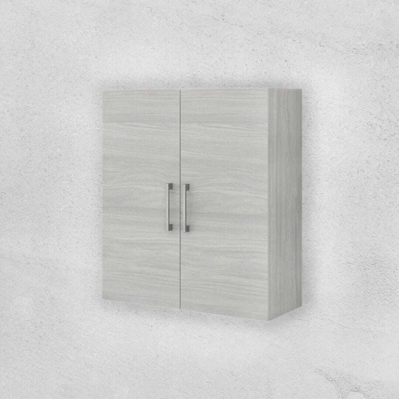 Kiamami Valentina - Meuble Suspendu De Salle De Bains Avec Double Porte En Chêne Gris Et Poignée Abs Chromée Rimini
