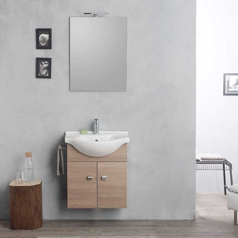 Kiamami Valentina - Meuble Suspendu En Chêne Fumé Complète Avec Lavabo, Miroir Et Lumière