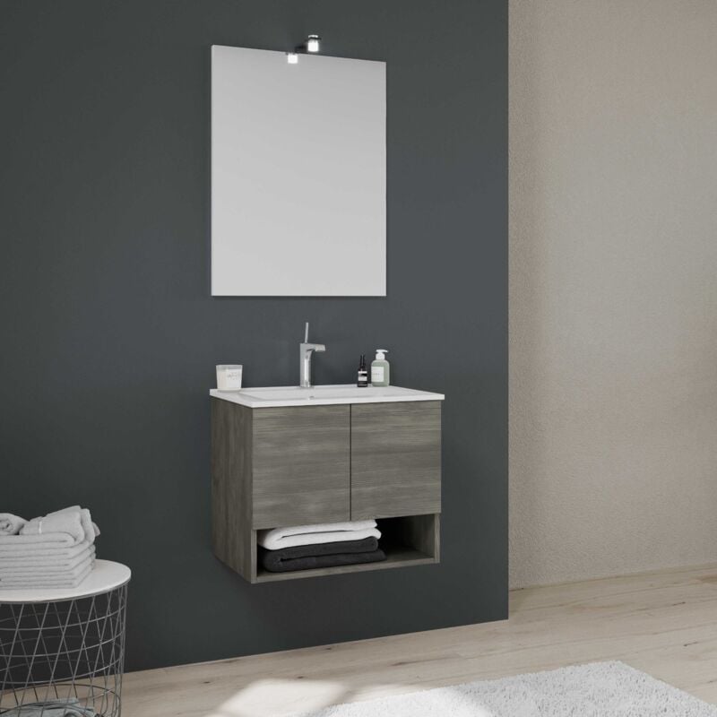 Kiamami Valentina - Meuble Suspendu Pour Salle De Bain Avec 2 Portes 60 Cm En Chêne Gris Foncé Venezia