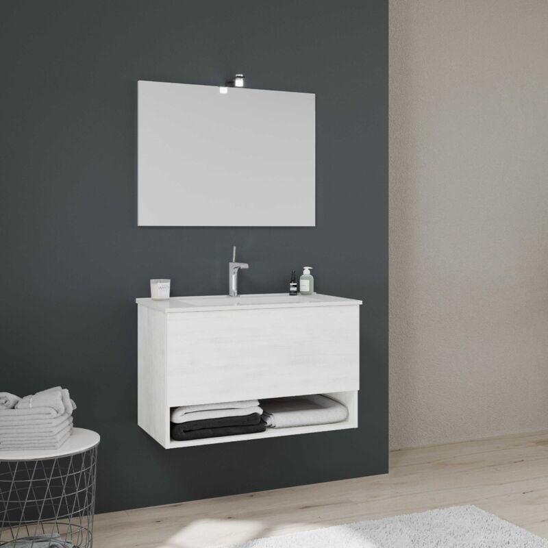 Kiamami Valentina - Meuble Suspendu Pour Salle De Bain Avec Tiroir Et Compartiment Ouvert Blanc Aspect Bois Venezia