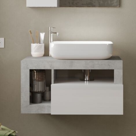 Meuble suspendu salle de bain gris béton et blanc L 80cm GAMA
