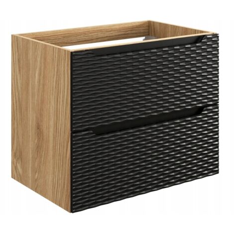 Meuble suspendu sous vasque OCEAN chêne et noir 70 cm - 2 tiroirs façades 3D